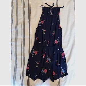 Navy Floral Sleeveless Halter Romper w/ Pockets | S